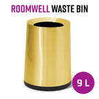 Roomwell, Waste Bin, 9 L Capacity, Round, Gold, Cello Design, 30 Cm Height