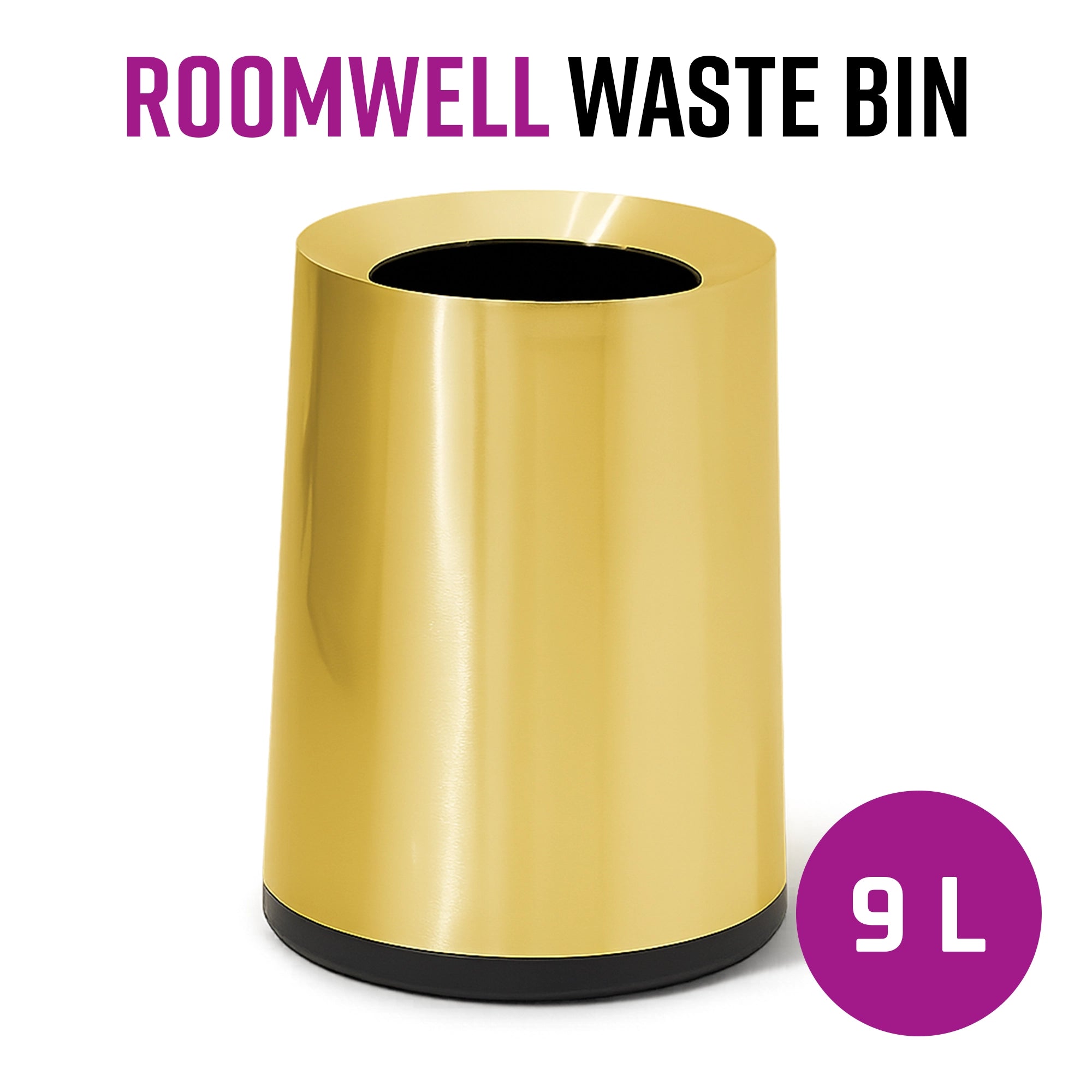 Roomwell, Waste Bin, 9 L Capacity, Round, Gold, Cello Design, 30 Cm Height