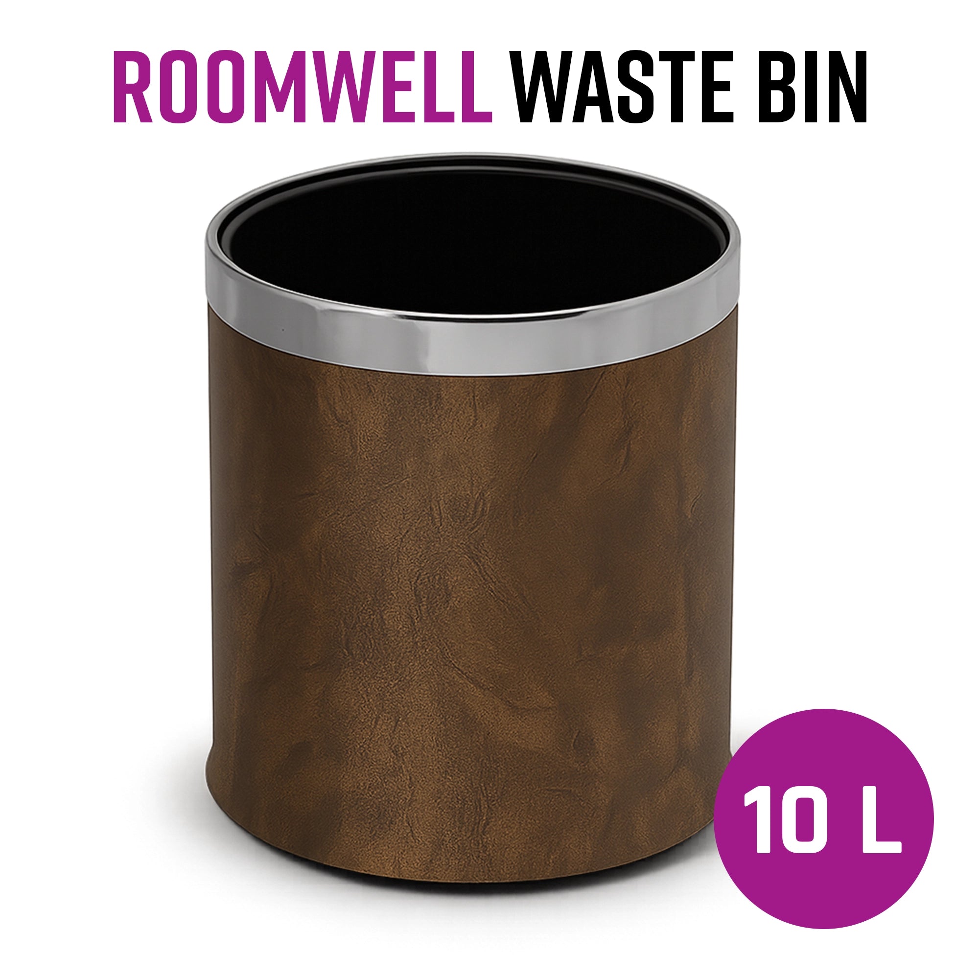 Roomwell, Waste Bin, 10 L Capacity, Round, Brown, 27 Cm Height