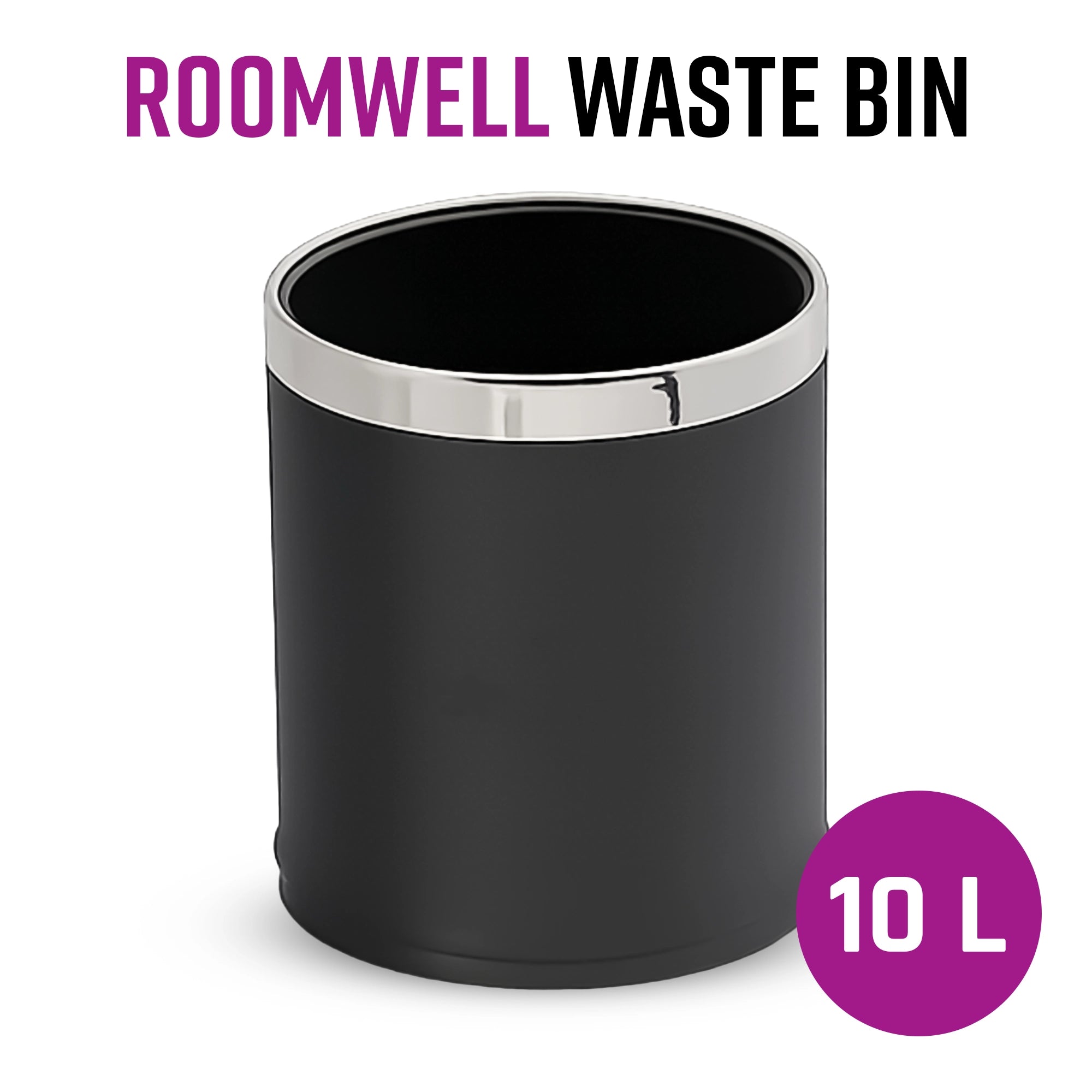 Roomwell, Waste Bin, 10 L Capacity, Round, Black, 27 Cm Height