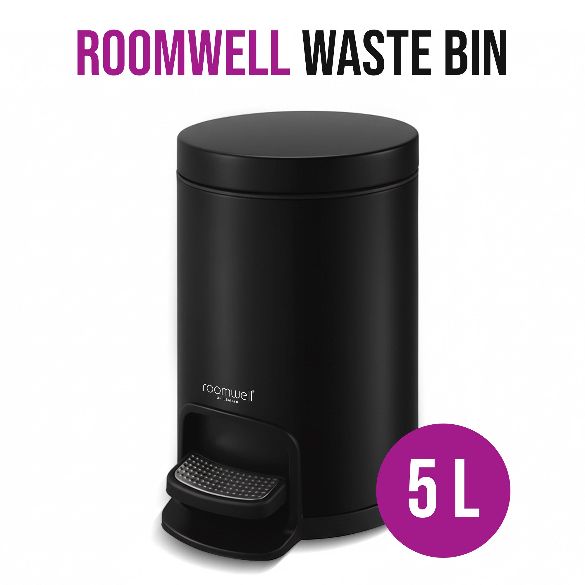 Roomwell, Action Round Pedal Waste Bin, Round, 5L, Black