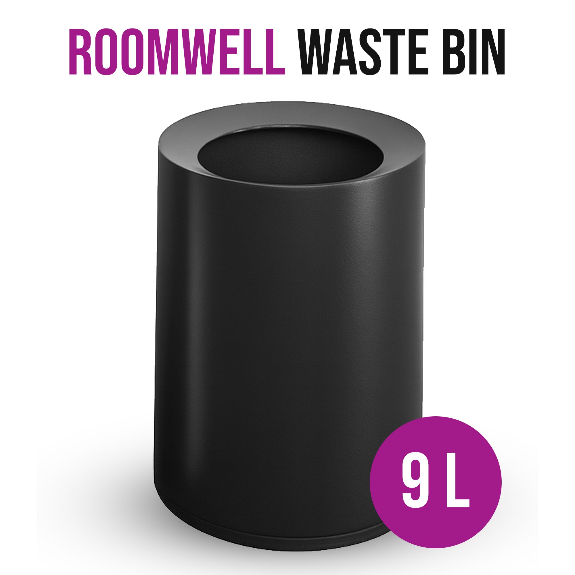 Roomwell, Cello Room Waste Bin, Cylindrical, 9L, Black