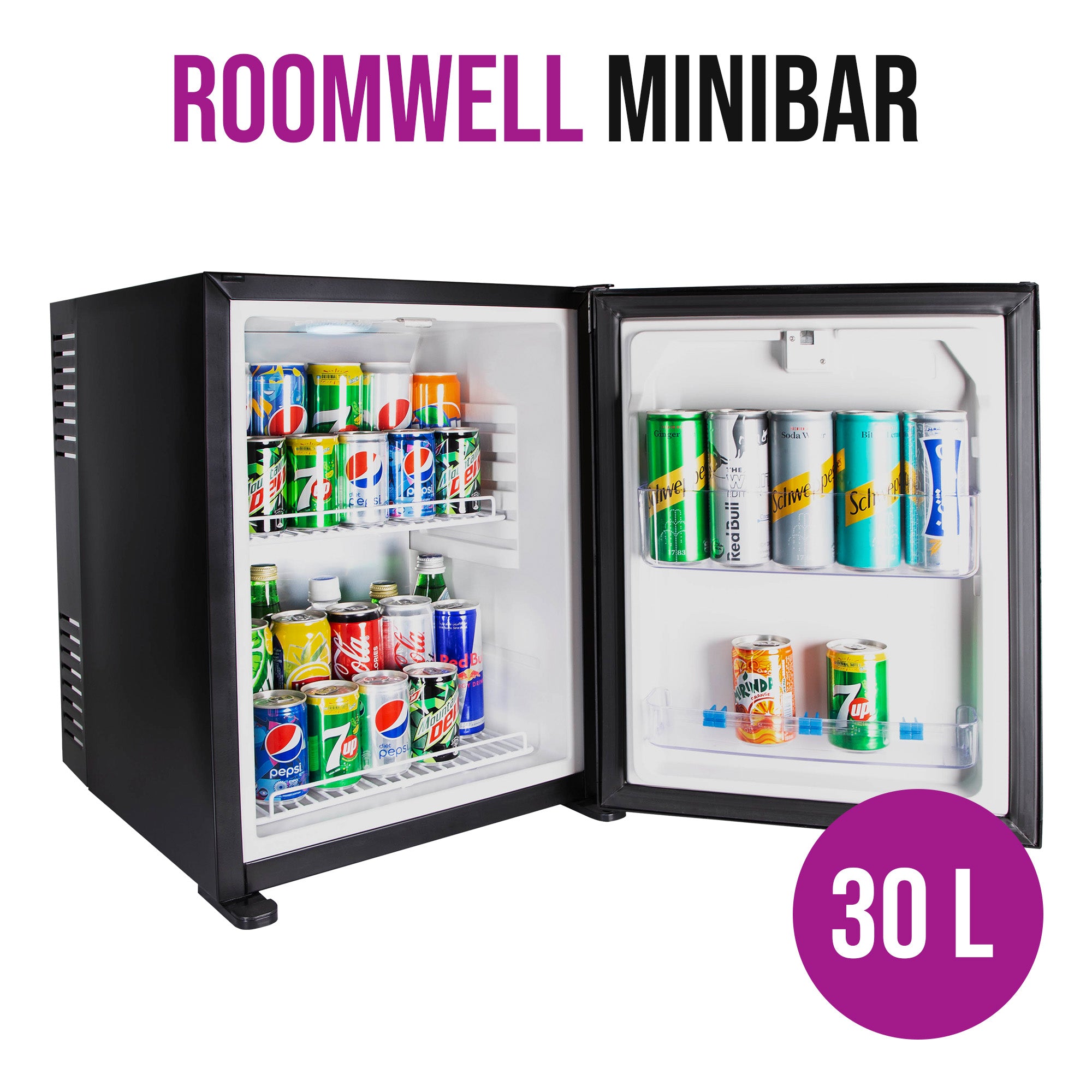 Roomwell, High Cool Absorption Minibar, Solid Door, 30 L, Black