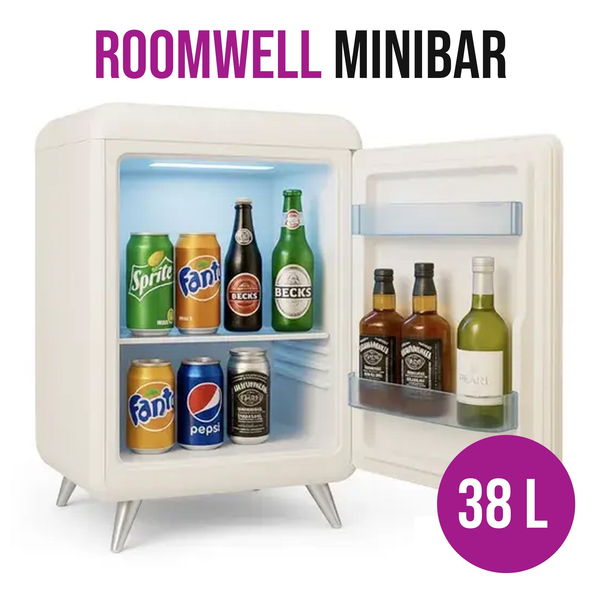 Roomwell, Retro Compressor Minibar, Solid Door, 38 L, White