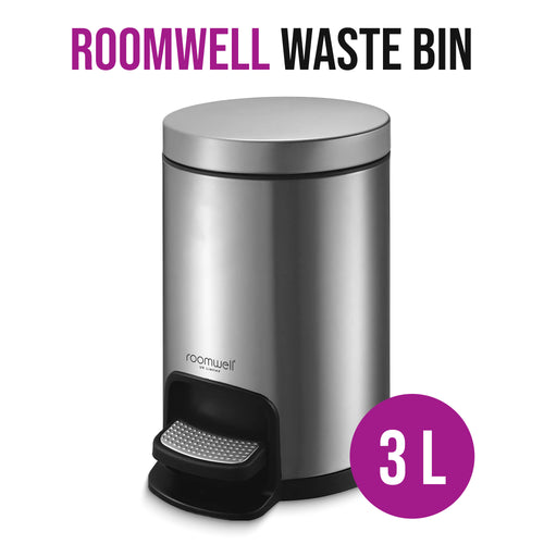 Roomwell, Action Round Pedal Waste Bin, Round, 3L, Silver