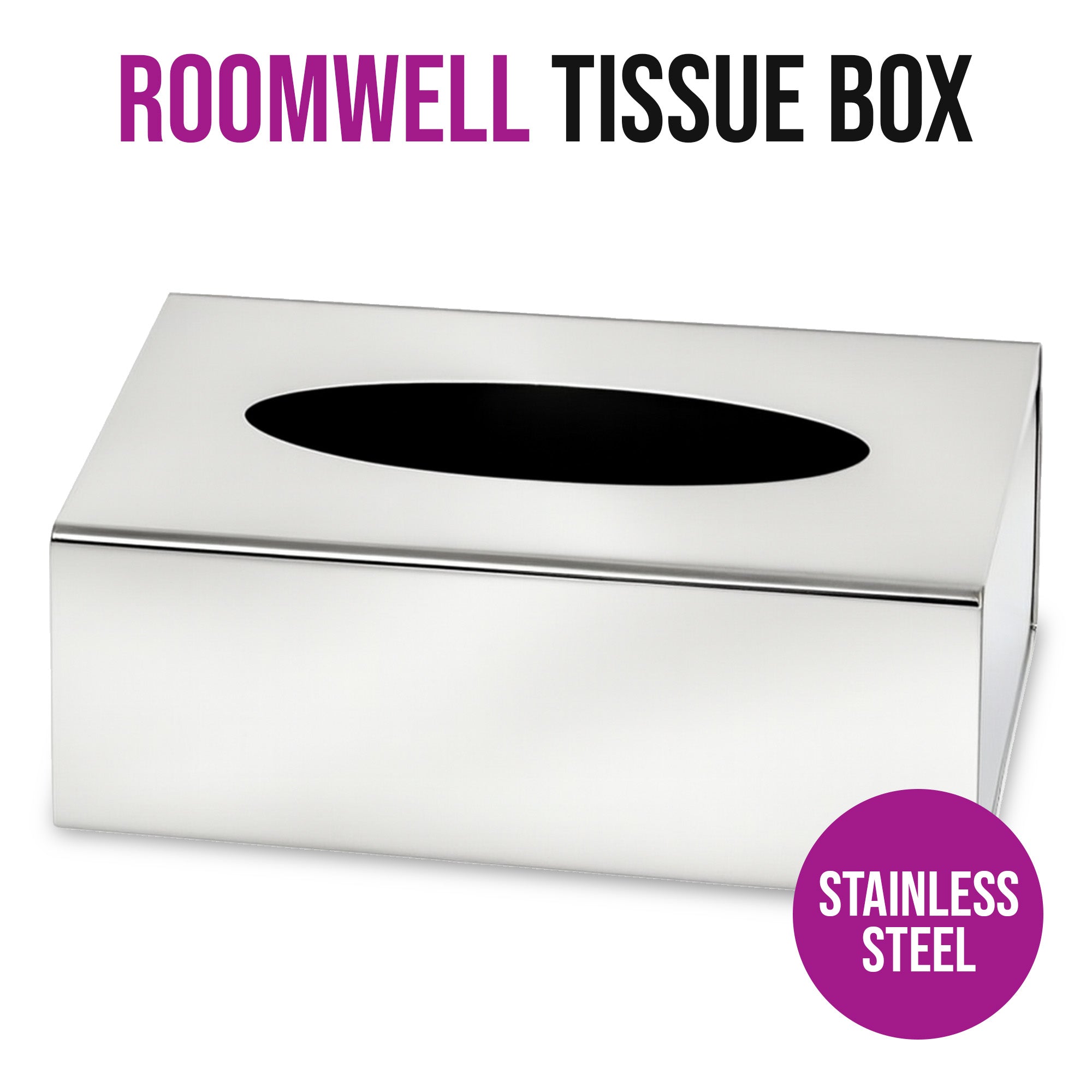 Roomwell, Titan Tissue Box, Rectangular, Stainless Steel