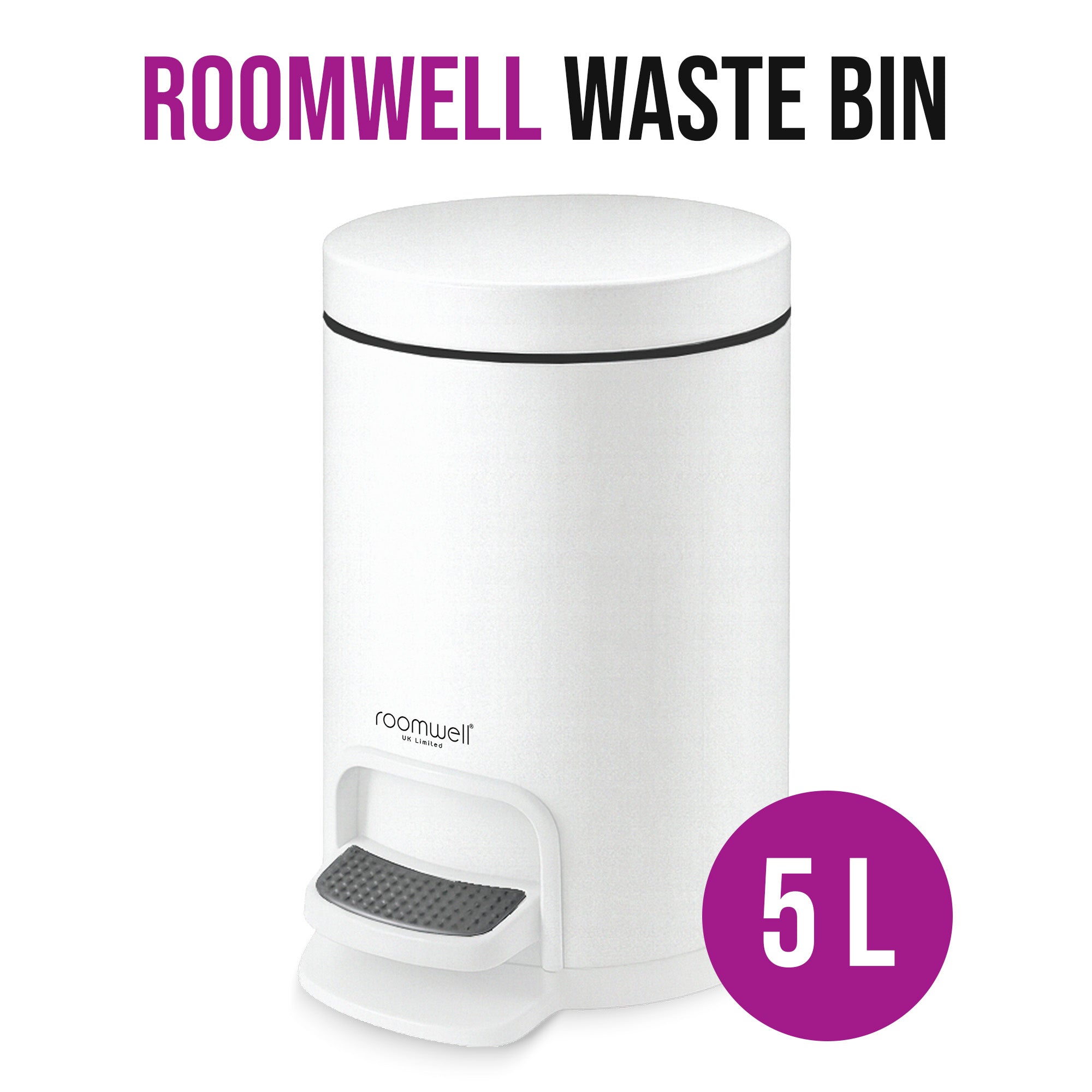 Roomwell, Action Round Pedal Waste Bin, Round, 5L, White