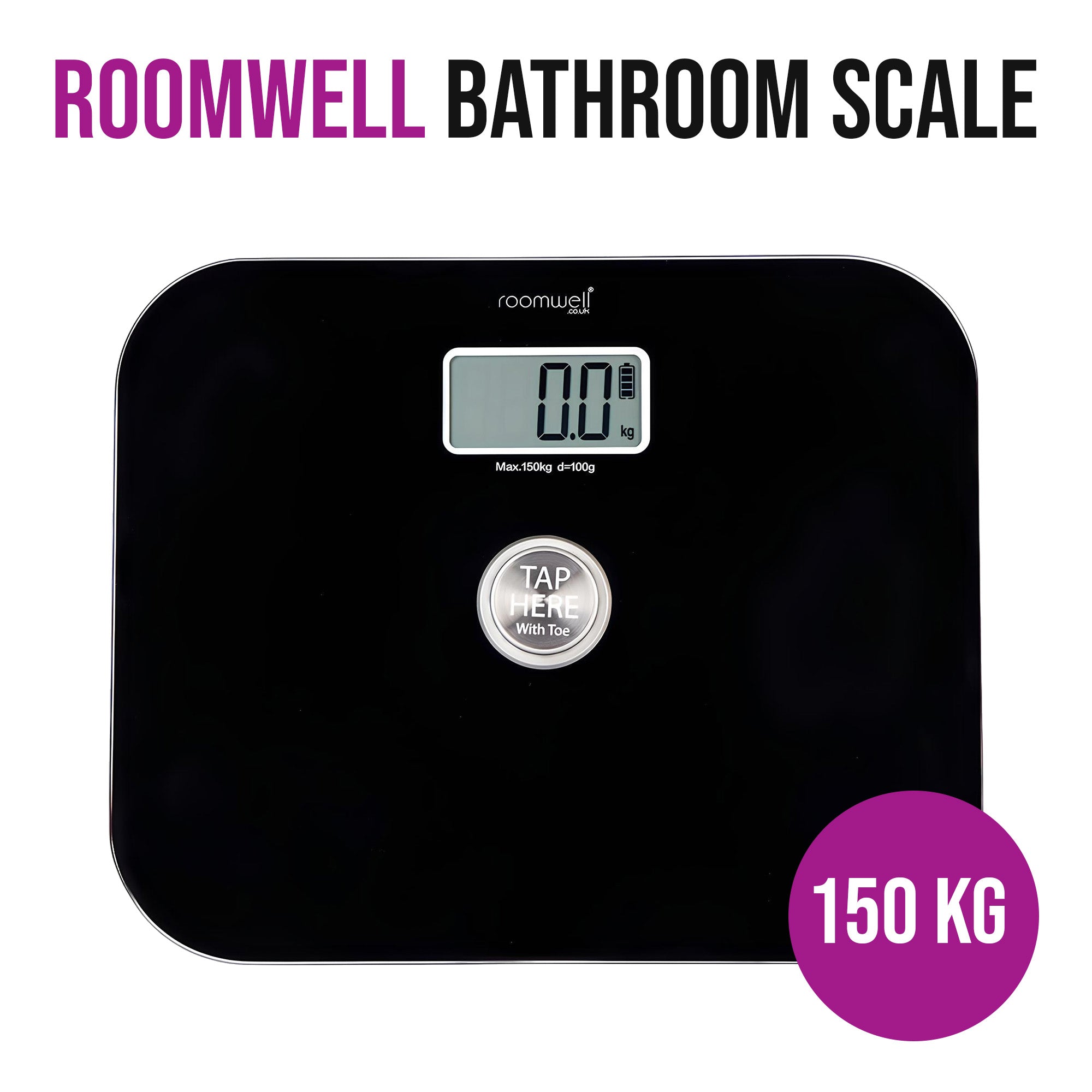 Roomwell, Digital Bathroom Weight Scale, Battery Free, Black