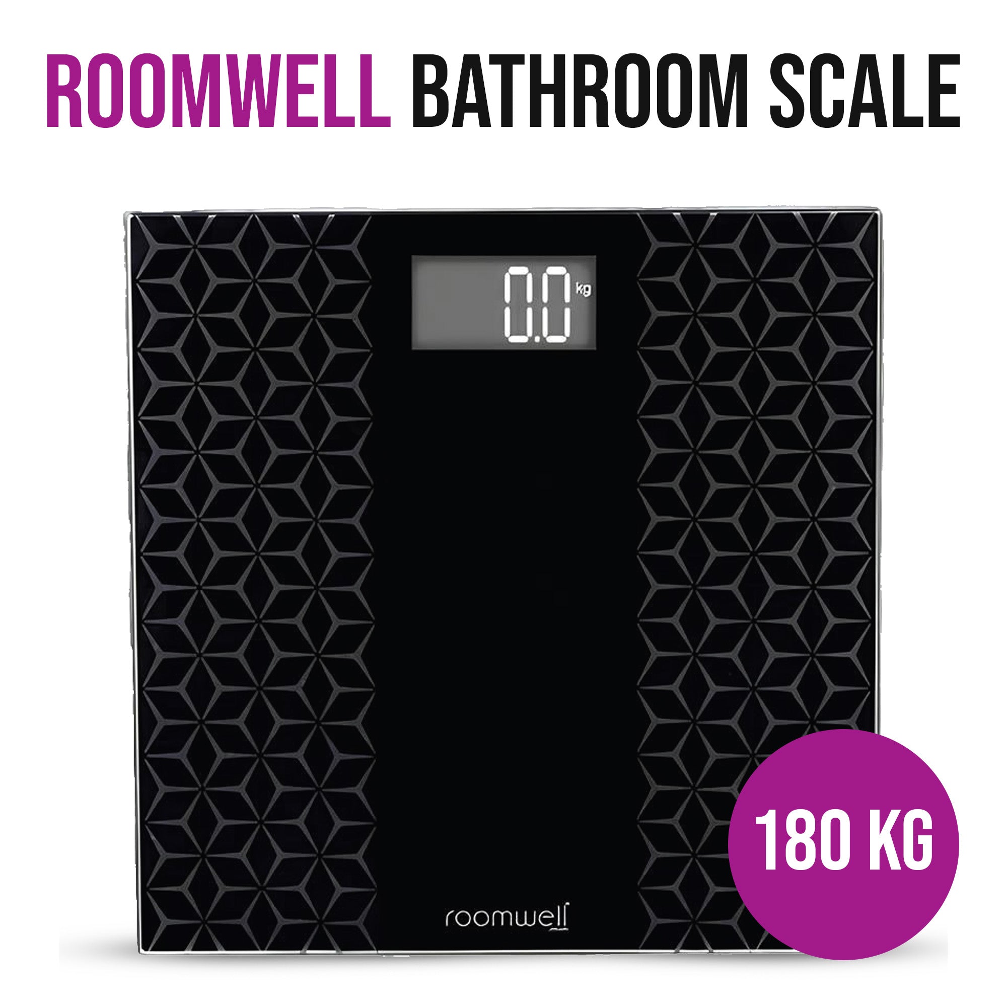 Roomwell, Serene Bathroom Weight Scale, 3D Tempered Glass, Black