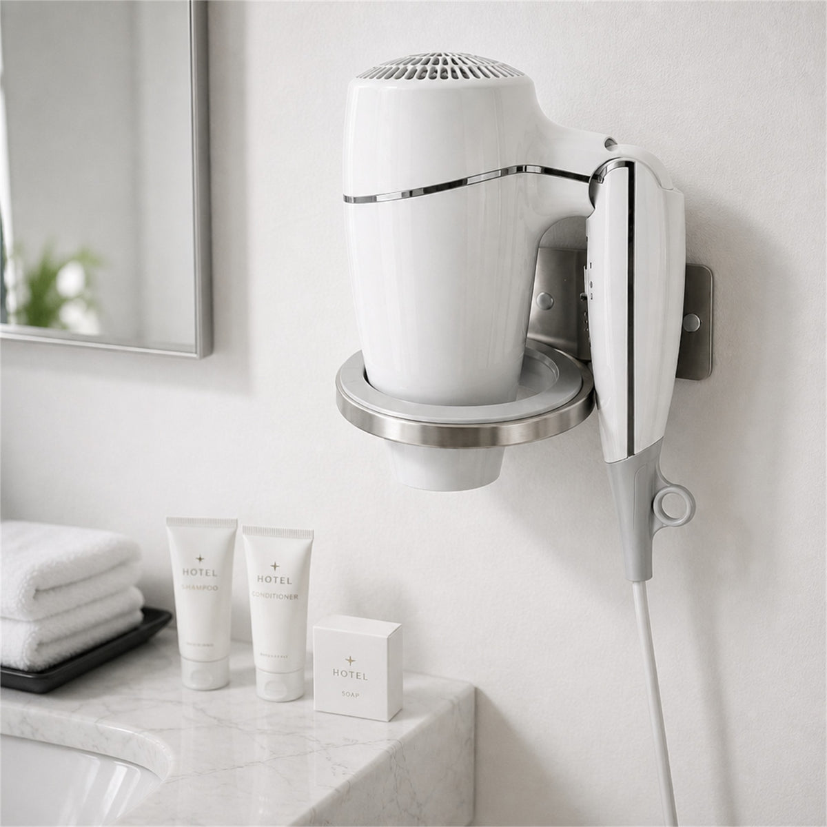 Roomwell, Classic Hairdryer Foldable With Ring, White - hotel room view 2